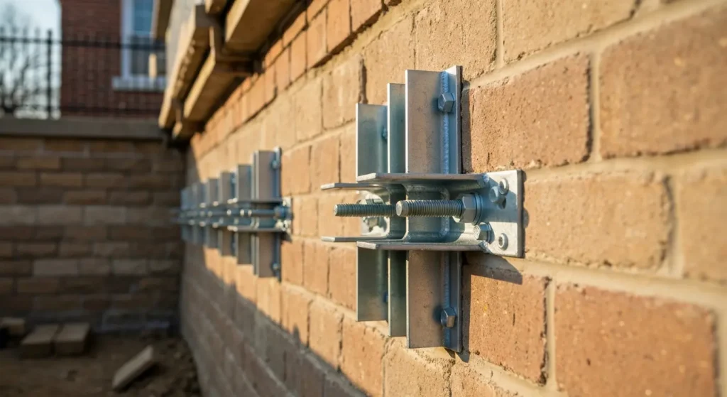Metal Brackets Reinforcing Brick Wall for Foundation Repair